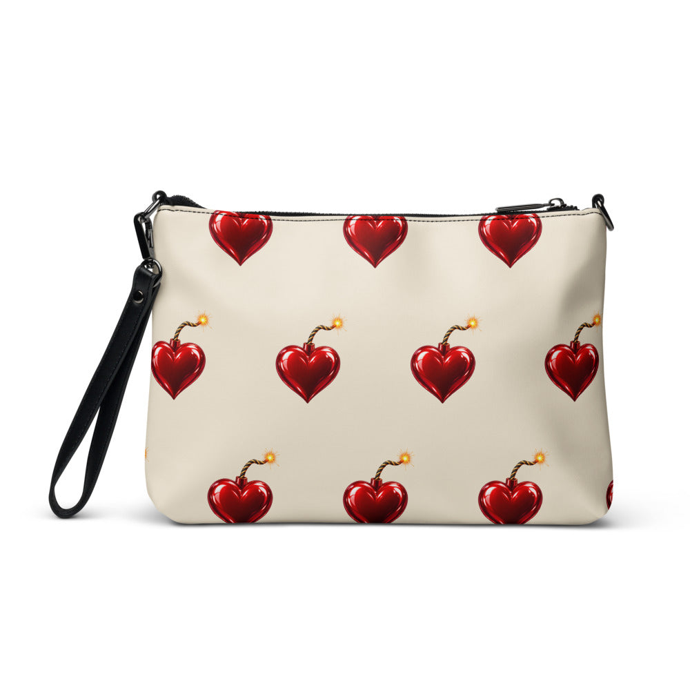 Slop Cannon Heart Fuse Crossbody Bag — Cream / black trim — back view; bag only; printed faux leather with black trim; supplier digital mockup.