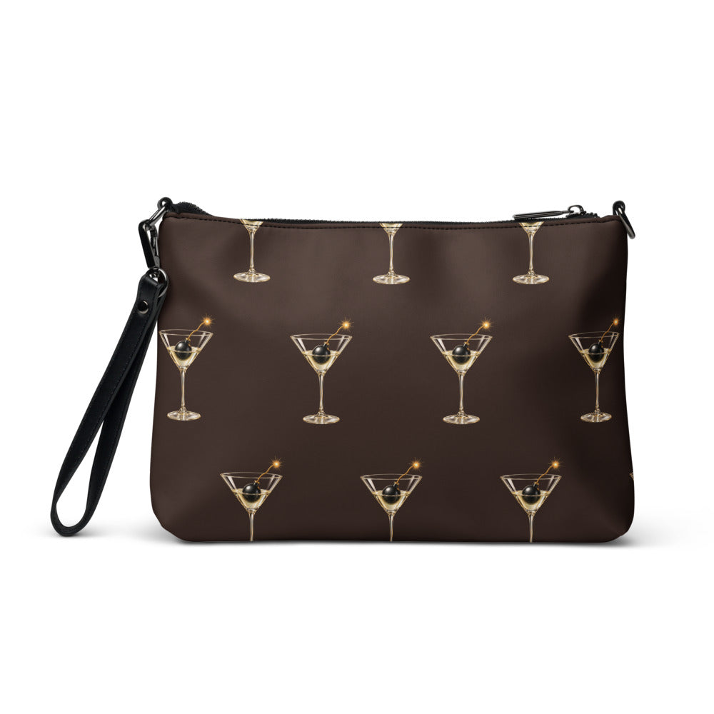 Slop Cannon Dirty Habits Crossbody Bag — Chocolate / black trim — back view; bag only; printed faux leather with black trim; supplier digital mockup.