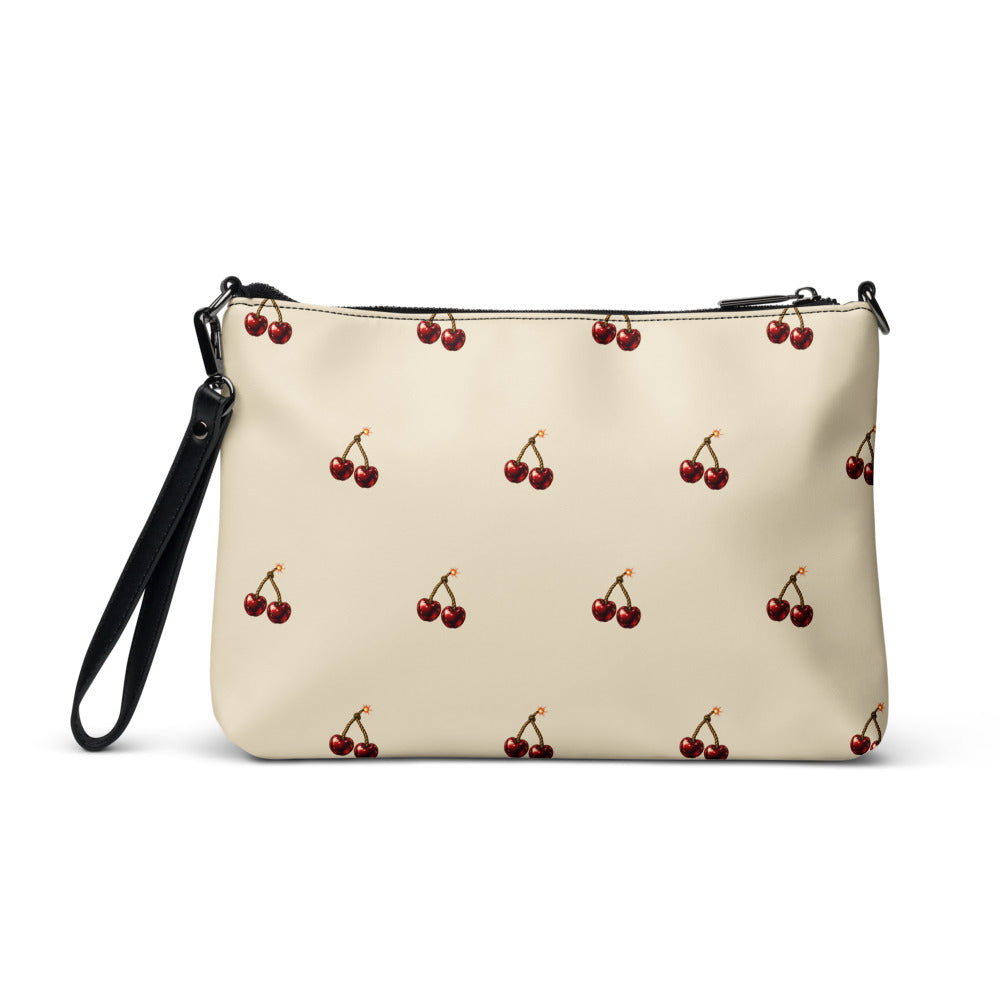 Slop Cannon Cherry Fuse Repeat Crossbody Bag — Cream / black trim — back view; bag only; printed faux leather with black trim; supplier digital mockup.