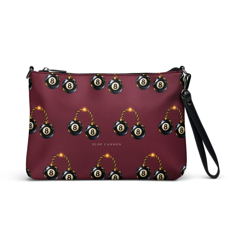Slop Cannon Bad Luck Club Crossbody Bag — Burgundy / black trim — front view; bag only; printed faux leather with black trim; supplier digital mockup.