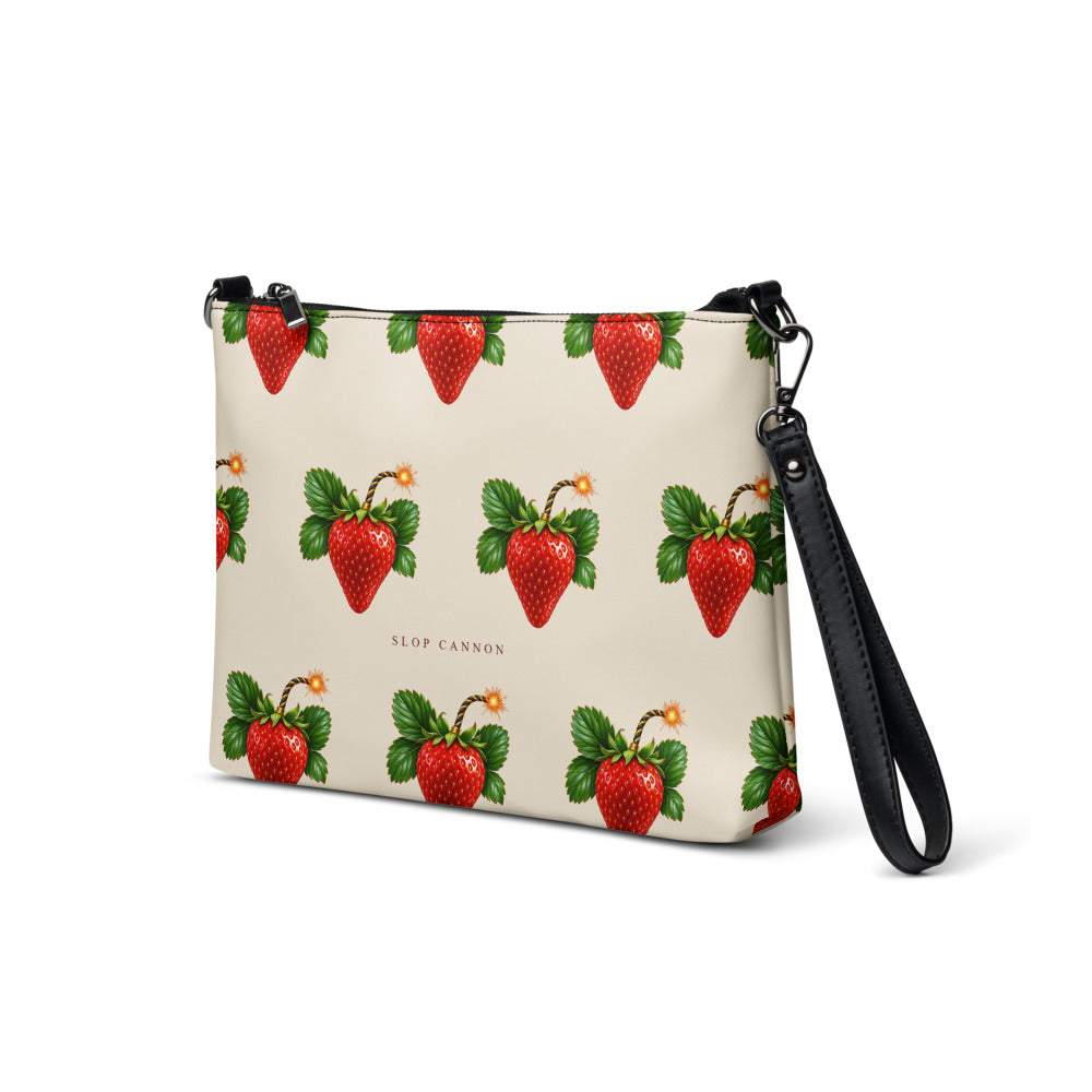 Slop Cannon Sweet Trouble Crossbody Bag — Cream / black trim — three-quarter front view; bag only; printed faux leather with black trim; supplier digital mockup.
