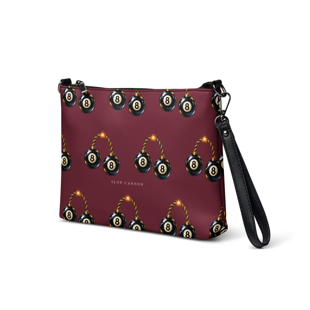 Slop Cannon Bad Luck Club Crossbody Bag — Burgundy / black trim — three-quarter front view; bag only; printed faux leather with black trim; supplier digital mockup.