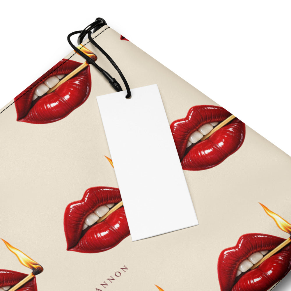 Slop Cannon Play With Fire Crossbody Bag — Cream / black trim — print detail with styling tag; bag only; printed faux leather with black trim; supplier digital mockup.