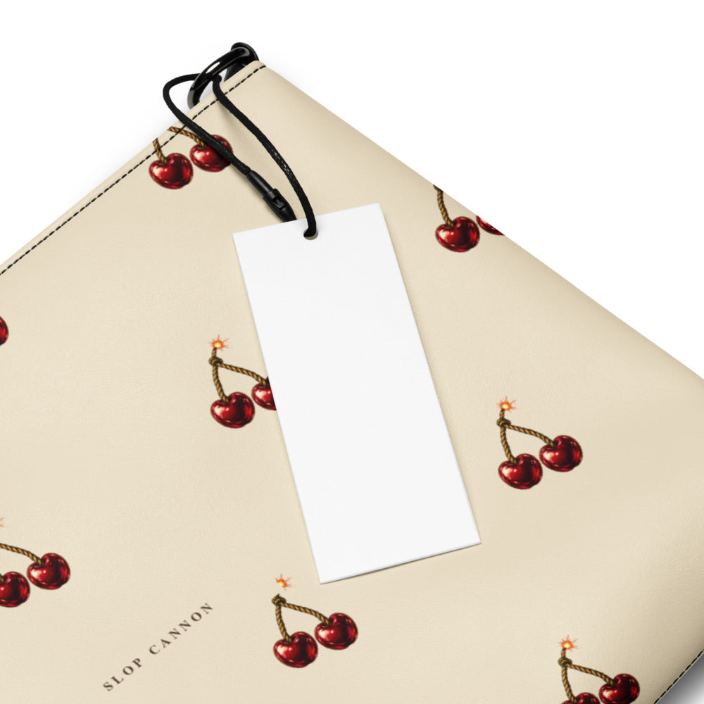 Slop Cannon Cherry Fuse Repeat Crossbody Bag — Cream / black trim — print detail with styling tag; bag only; printed faux leather with black trim; supplier digital mockup.