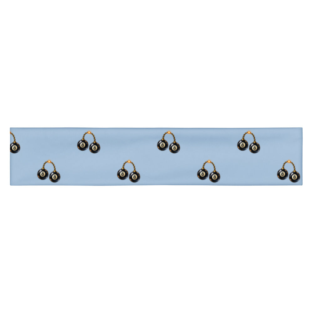 Slop Cannon Bad Luck Club Headband — Pale blue — flat front view; one straight headband; printed straight polyester/elastane band; supplier digital mockup.