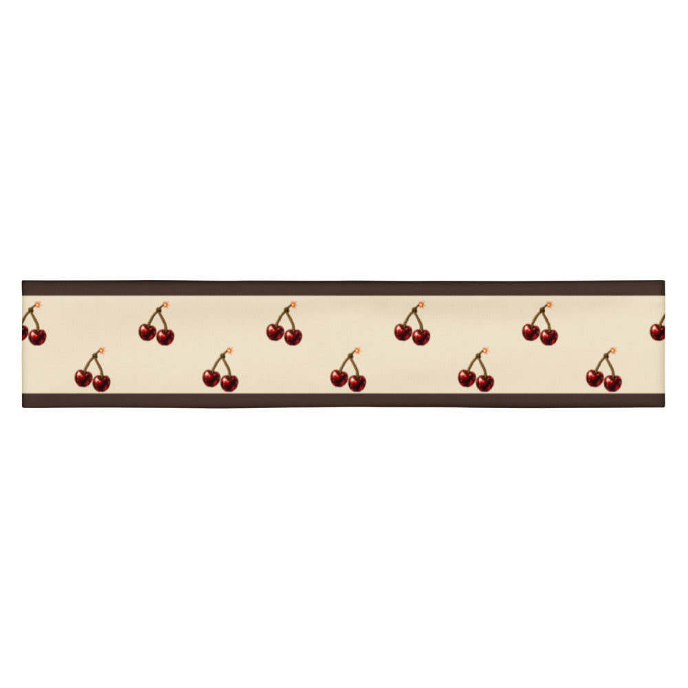 Slop Cannon Cherry Fuse Repeat Headband — Ivory / espresso — flat front view; one straight headband; printed straight band with espresso edge stripes; supplier digital mockup.