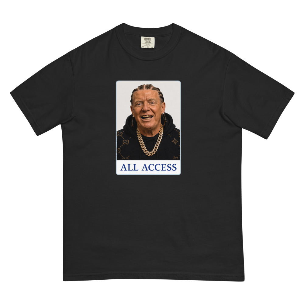 Cabinet All Access tee — Black — Flat front with the approved refined placement; exact Comfort Colors 1717 supplier digital mockup, one tee.