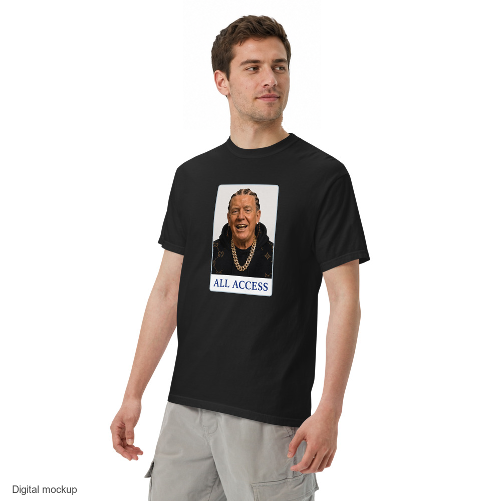 Cabinet 78 All Access tee — Black — three-quarter model view; tee only; Comfort Colors 1717; digital model mockup with exact supplier garment and print.