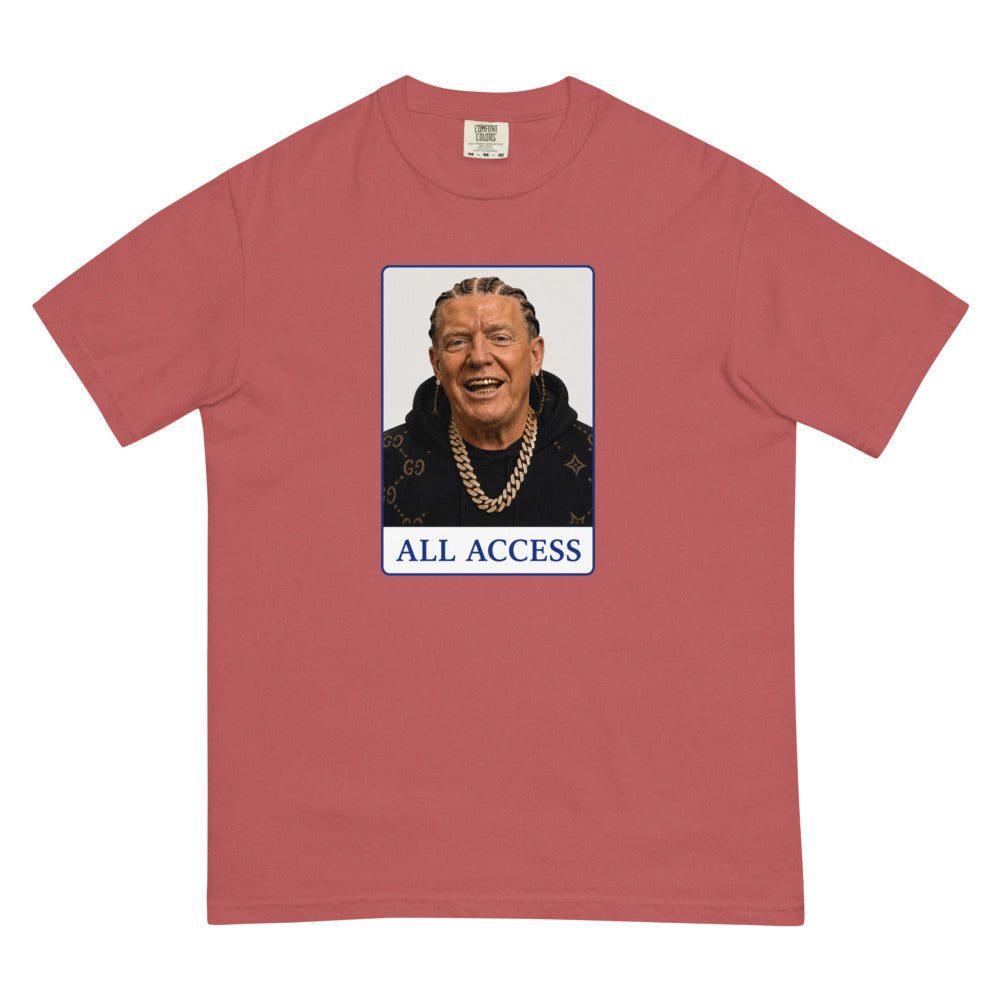 Cabinet All Access tee — Crimson — Flat front with the approved refined placement; exact Comfort Colors 1717 supplier digital mockup, one tee.