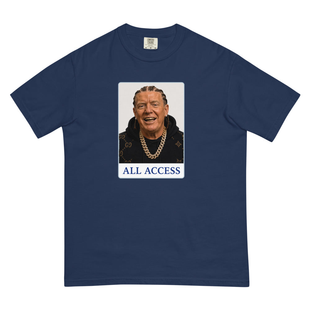 Cabinet All Access tee — True Navy — Flat front with the approved refined placement; exact Comfort Colors 1717 supplier digital mockup, one tee.