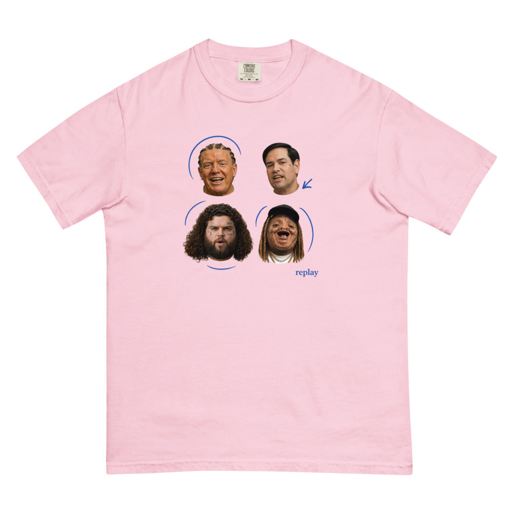 Cabinet Replay tee — Blossom — Flat front with the approved refined placement; exact Comfort Colors 1717 supplier digital mockup, one tee.
