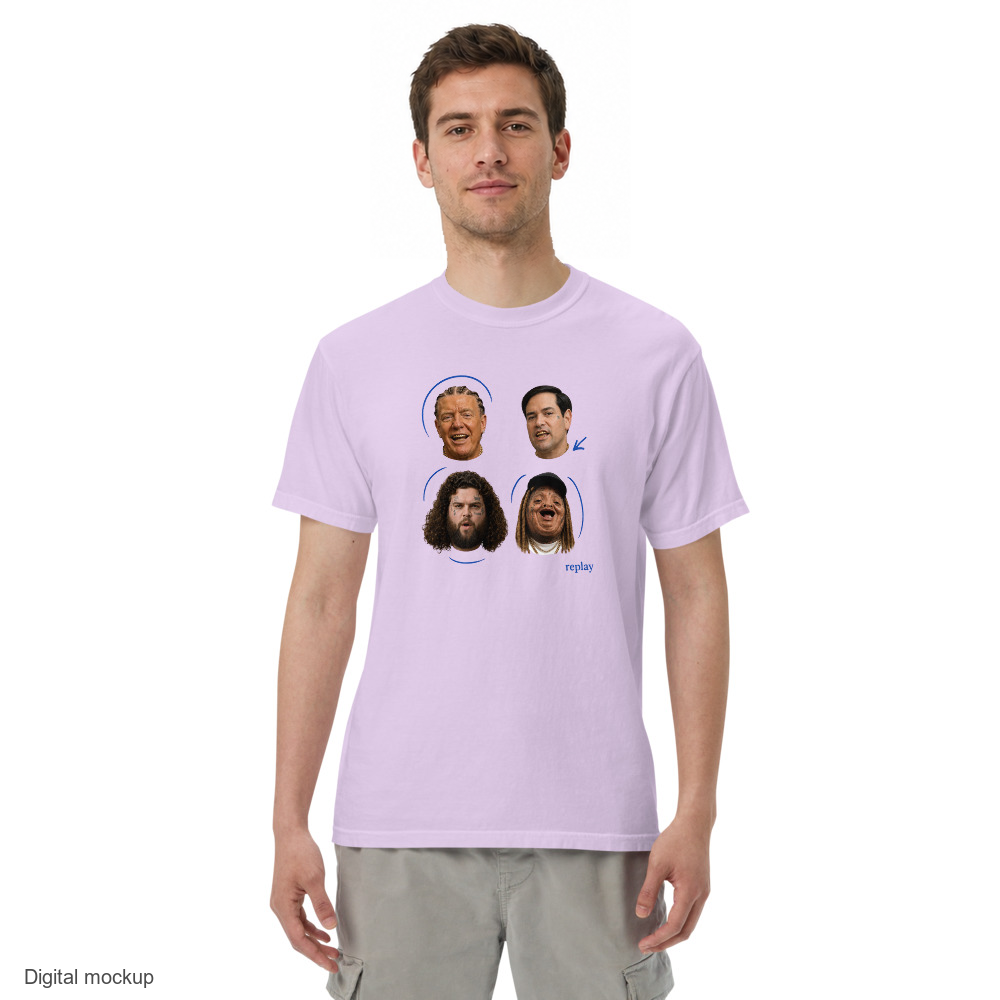 Cabinet 81 Replay tee — Orchid — front model view; tee only; Comfort Colors 1717; digital model mockup with exact supplier garment and print.