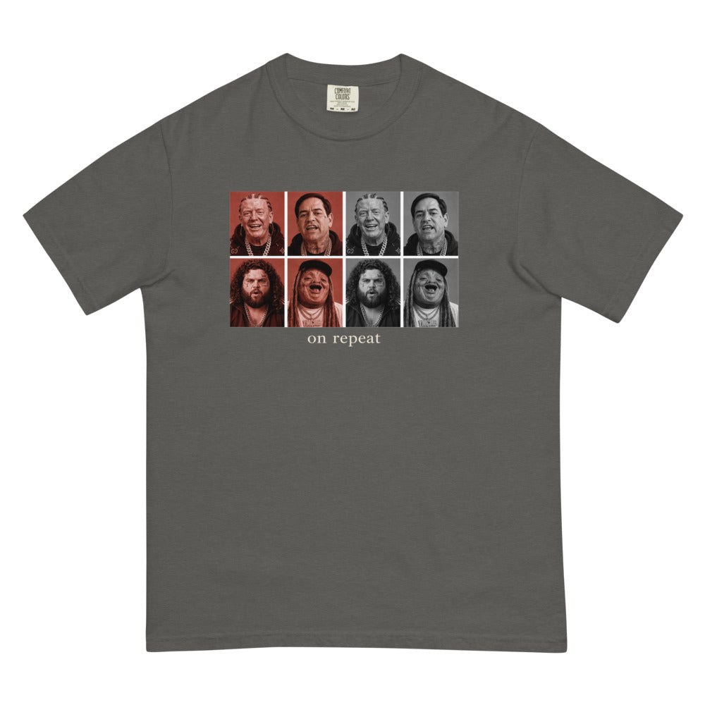 Cabinet On Repeat tee — Pepper — Flat front with the approved refined placement; exact Comfort Colors 1717 supplier digital mockup, one tee.