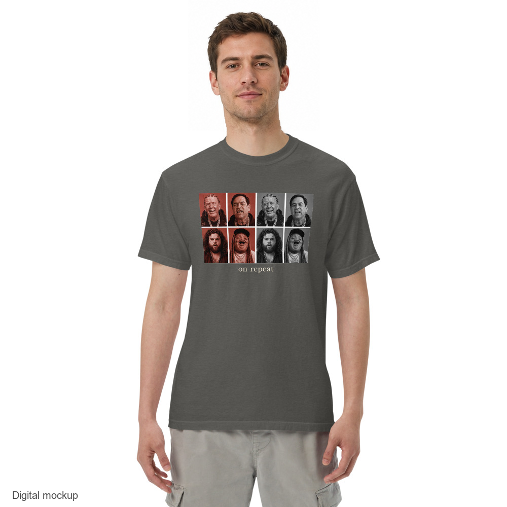 Cabinet 83 On Repeat tee — Pepper — front model view; tee only; Comfort Colors 1717; digital model mockup with exact supplier garment and print.