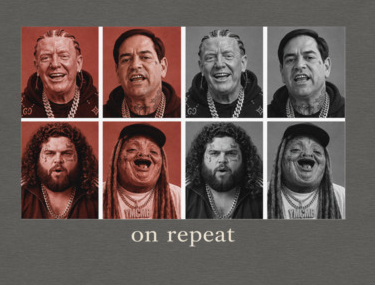 Cabinet On Repeat tee — Pepper — Print detail cropped from the exact revised supplier digital preview; original image pixels, not a manufactured sample.
