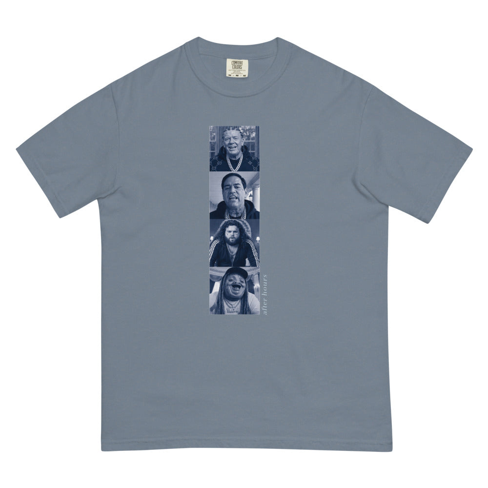 Cabinet After Hours tee — Blue Jean — Flat front with the approved refined placement; exact Comfort Colors 1717 supplier digital mockup, one tee.