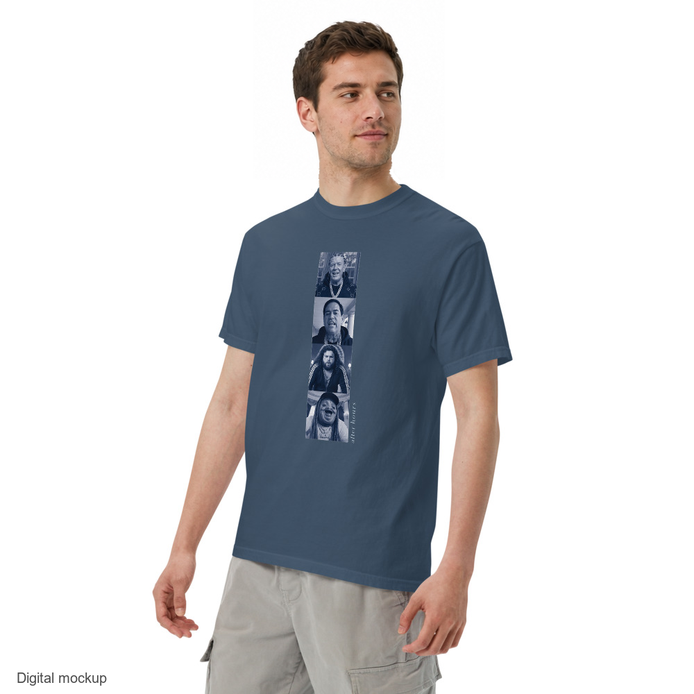 Cabinet C07 After Hours tee — Midnight — three-quarter model view; tee only; Comfort Colors 1717; digital model mockup with exact supplier garment and print.