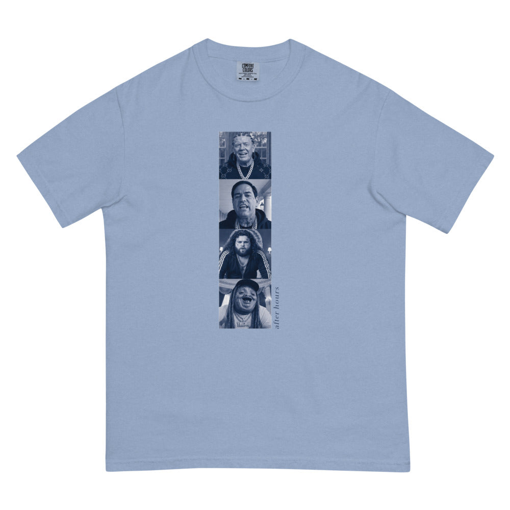 Cabinet After Hours tee — Washed Denim — Flat front with the approved refined placement; exact Comfort Colors 1717 supplier digital mockup, one tee.