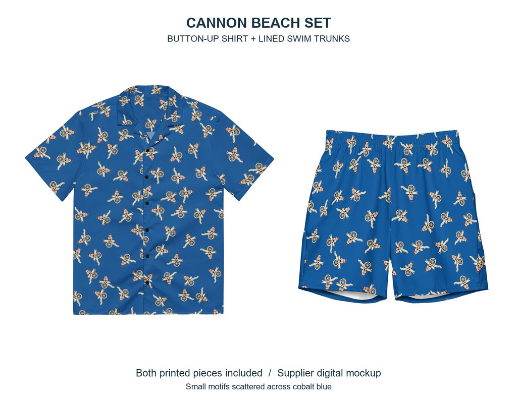 Cannon Beach two-piece set — Cobalt — front views of both included pieces: button-up shirt and lined swim trunks; literal supplier-image composite; digital mockup, not a manufactured sample.