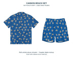Cannon Beach two-piece set — Cobalt — front views of both included pieces: button-up shirt and lined swim trunks; literal supplier-image composite; digital mockup, not a manufactured sample.