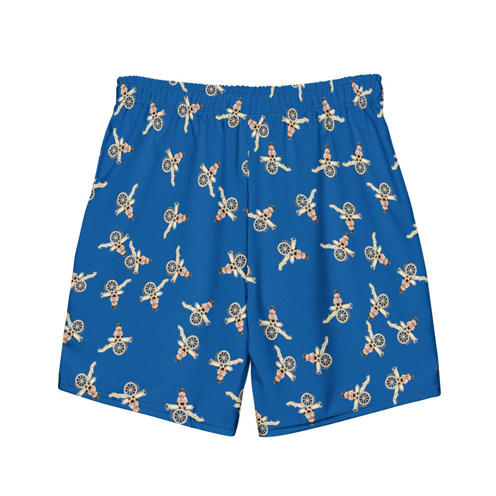 Cannon Beach lined swim trunks — Cobalt — full printed back with dense scattered small sitting-pig motifs; supplier digital mockup.