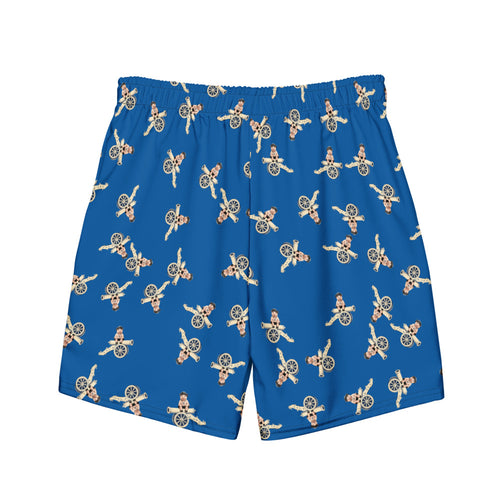 Cannon Beach lined swim trunks — Cobalt — full printed back with dense scattered small sitting-pig motifs; supplier digital mockup.