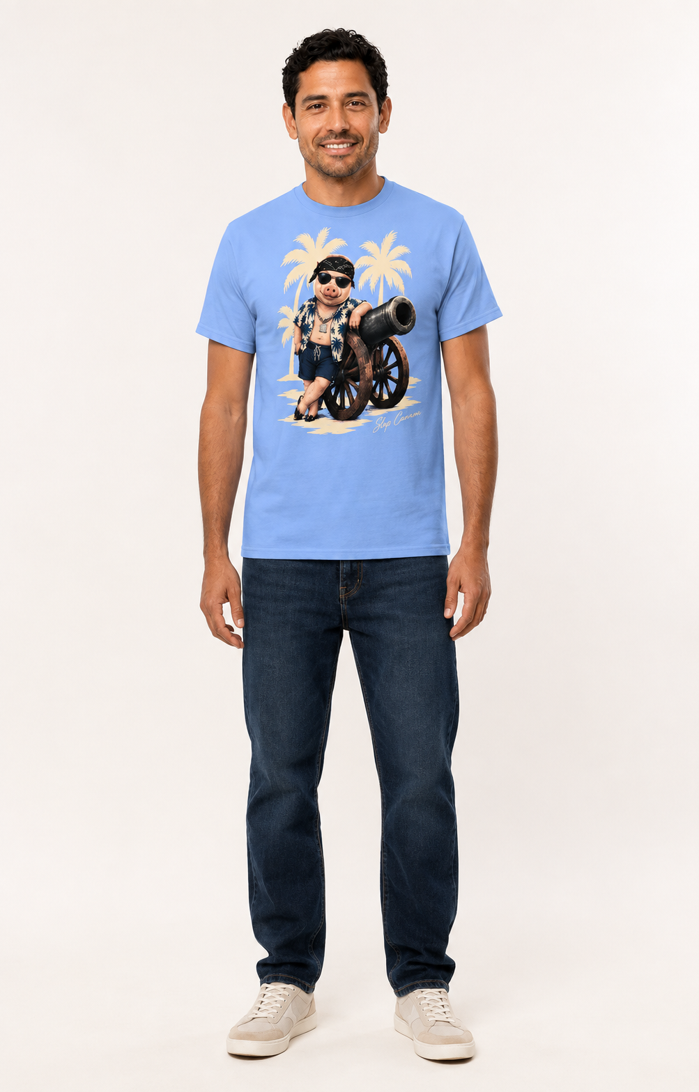 Cannon Country Club Tee — Pool Blue — styled studio front visualization. The supplier flat proof remains the production reference; this image is not a manufactured-sample photo.