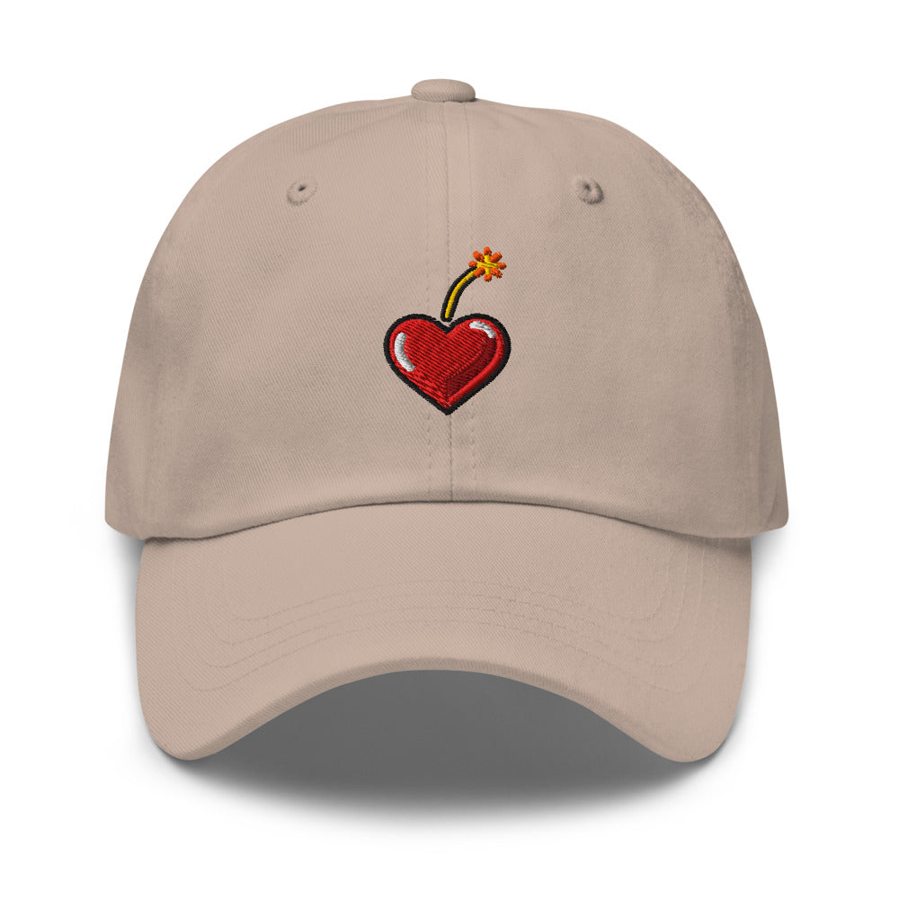 Heart Fuse — Stone — full front with approved embroidery artwork; Yupoong 6245CM Stone; supplier digital mockup.