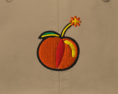 Hot Piece — Khaki — embroidery artwork detail cropped from supplier digital preview; simulated thread texture; Yupoong 6245CM Khaki; supplier digital mockup.
