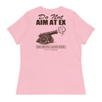Do Not Aim At Ex — Pink — full back with approved DO NOT AIM AT EX warning print; Bella + Canvas 6400 Pink; supplier digital mockup.
