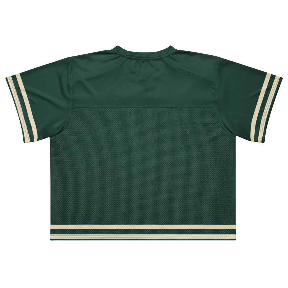 Slop Cannon Social Club — Forest / Cream — full back with printed hem stripes; no rear name or number; Printful boxy V-neck football jersey White base, printed Forest / Cream; Black stitching; supplier digital mockup.