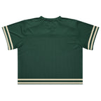 Slop Cannon Social Club — Forest / Cream — full back with printed hem stripes; no rear name or number; Printful boxy V-neck football jersey White base, printed Forest / Cream; Black stitching; supplier digital mockup.
