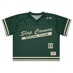 Slop Cannon Social Club — Forest / Cream — full front with approved artwork; Printful boxy V-neck football jersey White base, printed Forest / Cream; Black stitching; supplier digital mockup.