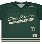 Slop Cannon Social Club — Forest / Cream — front artwork detail cropped from supplier digital mockup; Printful boxy V-neck football jersey White base, printed Forest / Cream; Black stitching; supplier digital mockup.