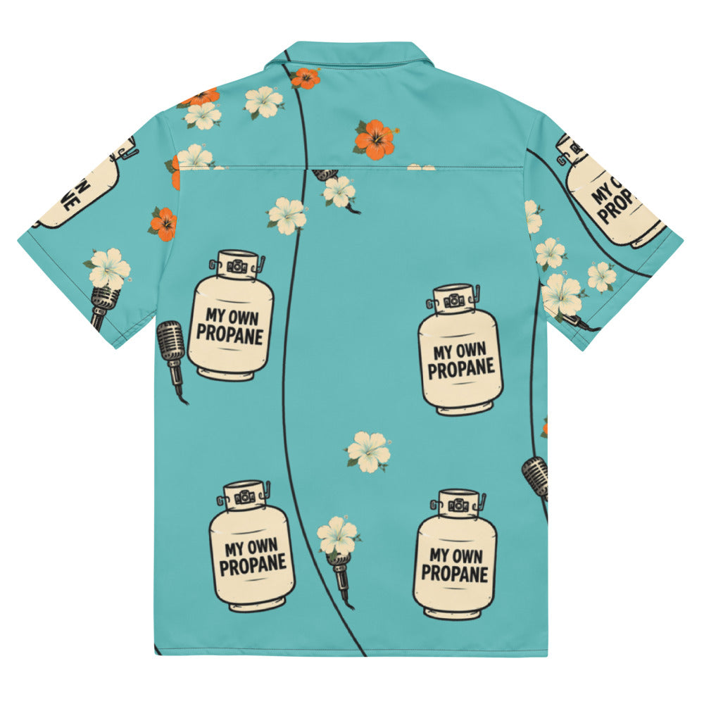 Propane Paradise Beach Button-Up — Turquoise / Cream / Orange — full back with configured propane, flower and microphone print; Printful all-over-print unisex button-up shirt White base / all-over print; supplier digital mockup.