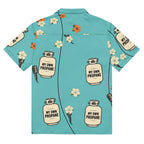 Propane Paradise Beach Button-Up — Turquoise / Cream / Orange — full back with configured propane, flower and microphone print; Printful all-over-print unisex button-up shirt White base / all-over print; supplier digital mockup.