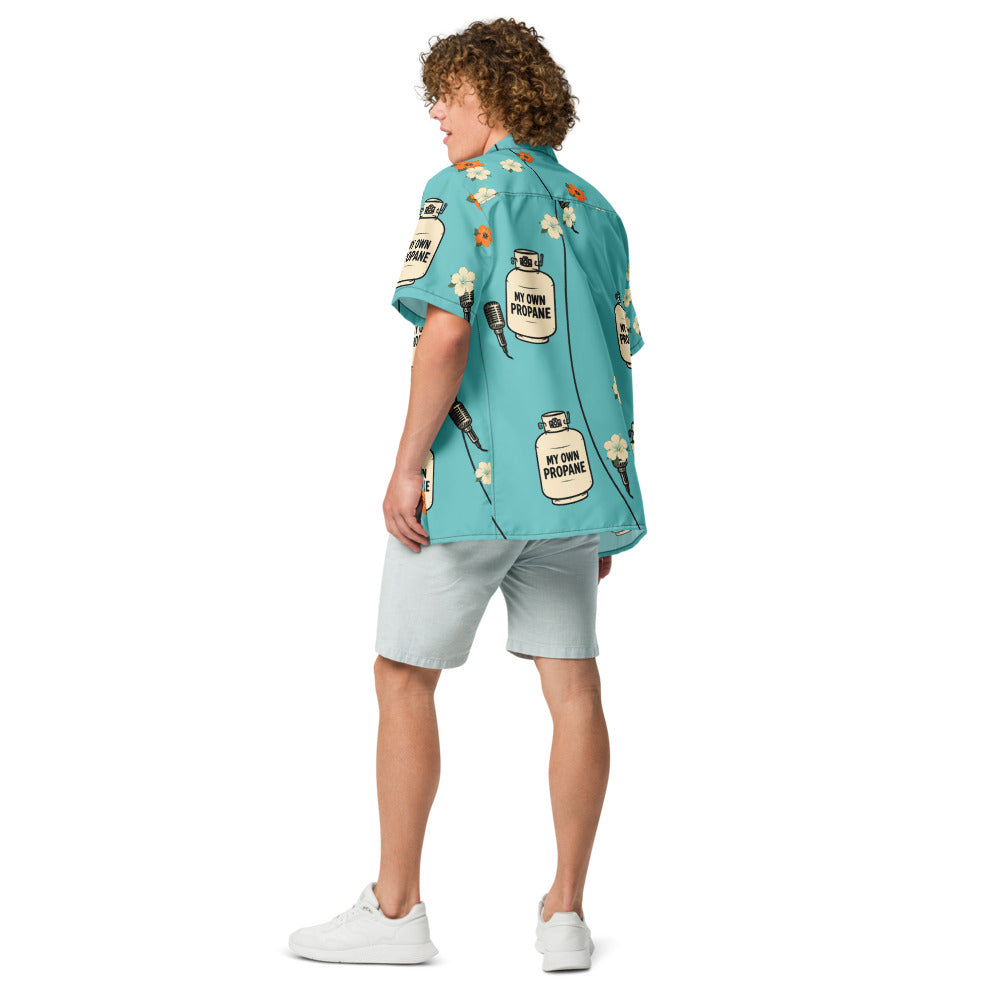 Propane Paradise Beach Button-Up — Turquoise / Cream / Orange — back model view; button-up shirt only; Printful all-over-print unisex button-up shirt White base / all-over print; supplier digital mockup.