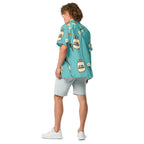 Propane Paradise Beach Button-Up — Turquoise / Cream / Orange — back model view; button-up shirt only; Printful all-over-print unisex button-up shirt White base / all-over print; supplier digital mockup.