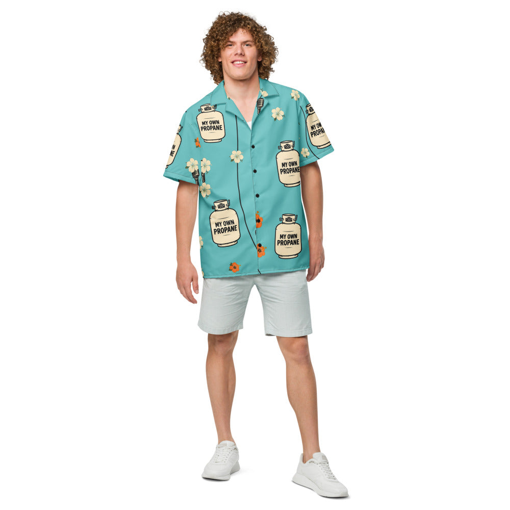 Propane Paradise Beach Button-Up — Turquoise / Cream / Orange — front model view; button-up shirt only; Printful all-over-print unisex button-up shirt White base / all-over print; supplier digital mockup.