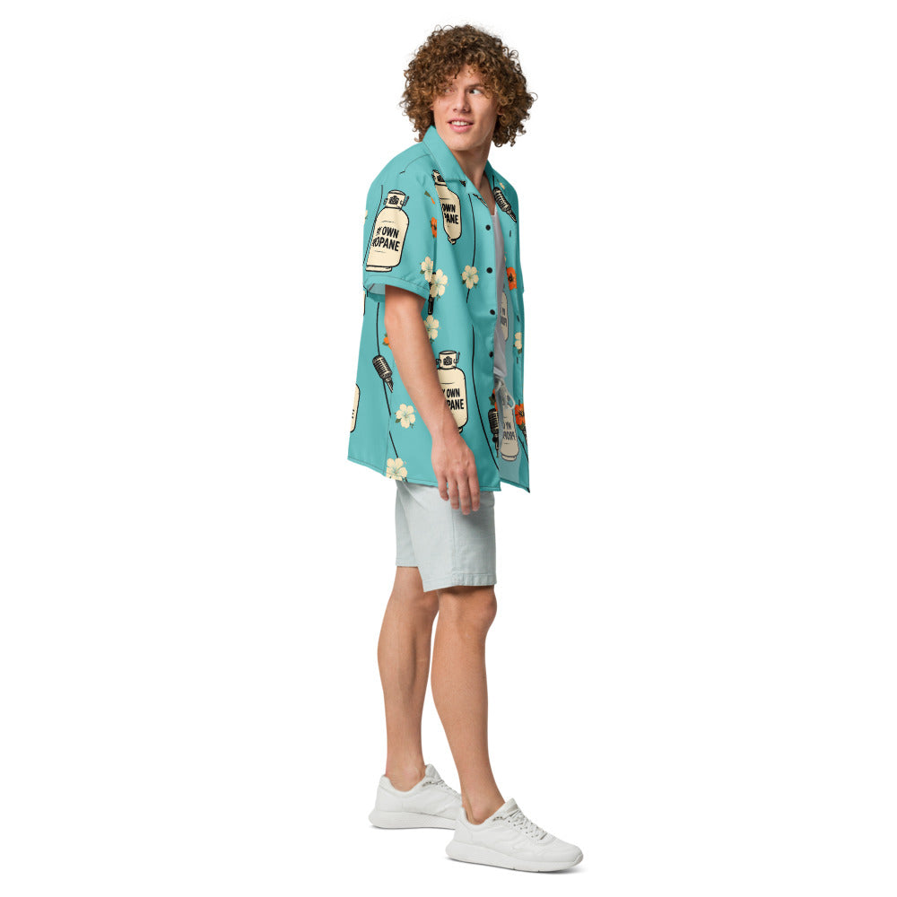 Propane Paradise Beach Button-Up — Turquoise / Cream / Orange — three-quarter model view with configured printed sleeve; shirt only; Printful all-over-print unisex button-up shirt White base / all-over print; supplier digital mockup.