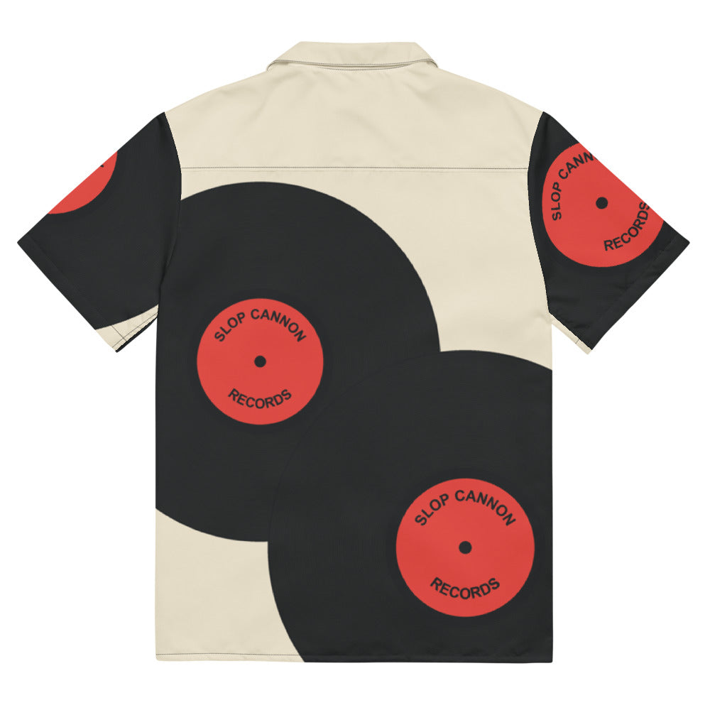 Slop Cannon Records Beach Button-Up — Cream / Black / Red — full back with configured record print; Printful all-over-print unisex button-up shirt White base / all-over print; supplier digital mockup.