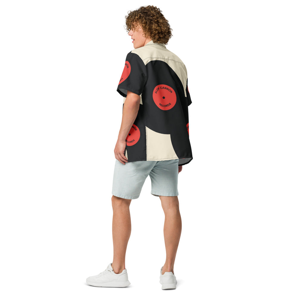Slop Cannon Records Beach Button-Up — Cream / Black / Red — back model view; button-up shirt only; Printful all-over-print unisex button-up shirt White base / all-over print; supplier digital mockup.
