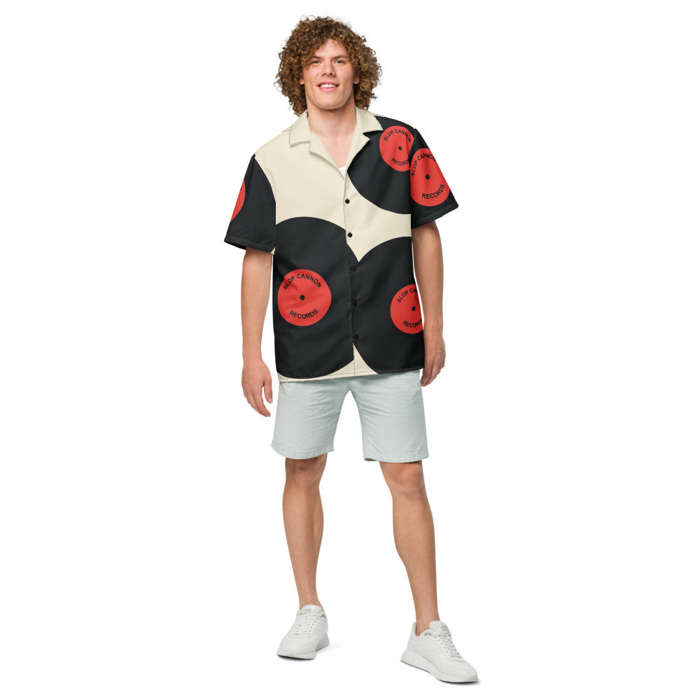 Slop Cannon Records Beach Button-Up — Cream / Black / Red — front model view; button-up shirt only; Printful all-over-print unisex button-up shirt White base / all-over print; supplier digital mockup.