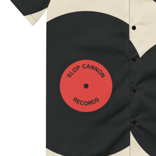 Slop Cannon Records Beach Button-Up — Cream / Black / Red — record label lettering detail cropped from supplier digital mockup; Printful all-over-print unisex button-up shirt White base / all-over print; supplier digital mockup.