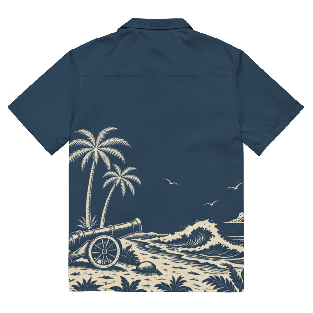 Cannon Coast Beach Button-Up — Navy / Cream — full back with approved lower coastal scene and plain yoke; plain sleeves; Printful all-over-print unisex button-up shirt Navy and cream all-over print; supplier digital mockup.