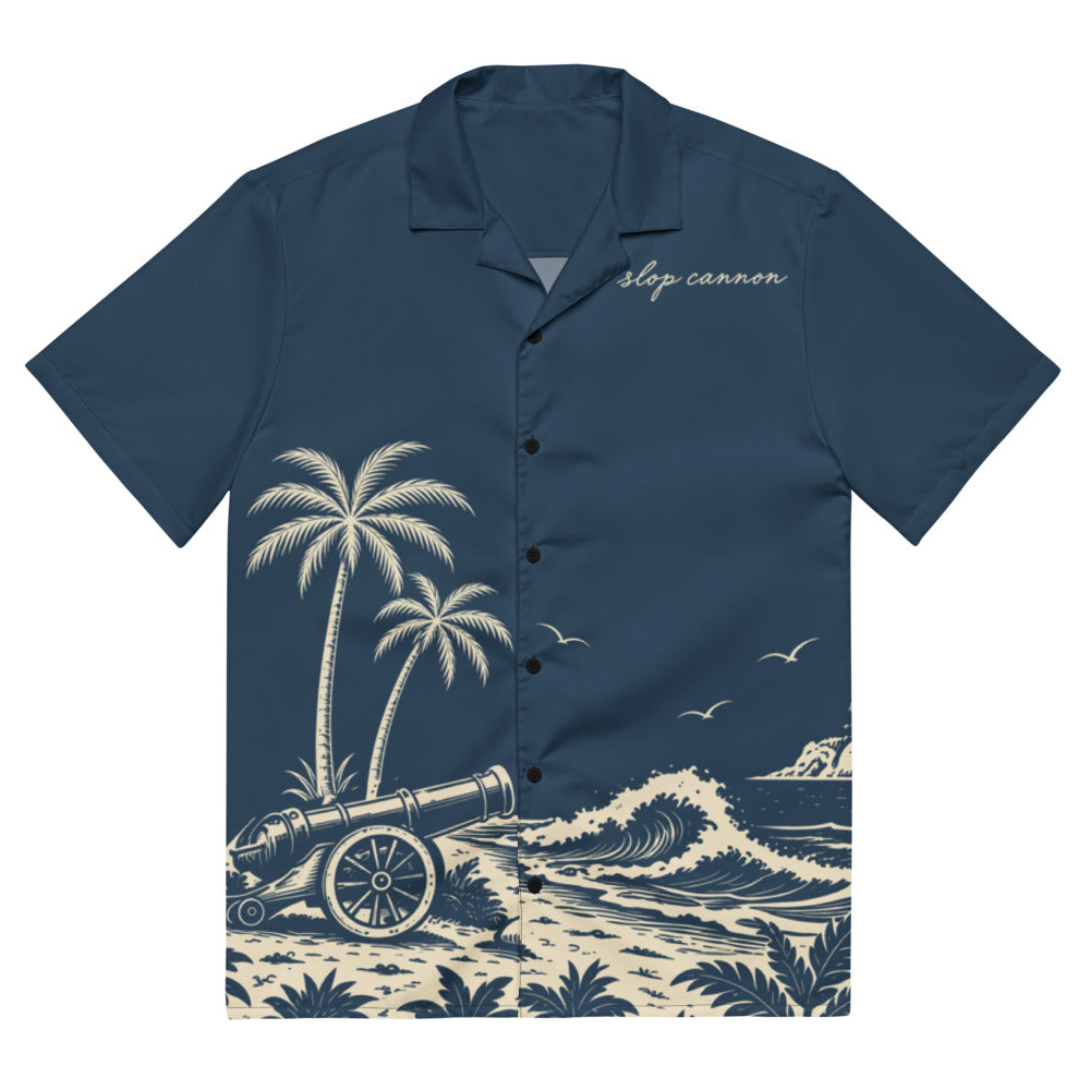 Cannon Coast Beach Button-Up — Navy / Cream — full front with approved reconstructed coastal scene and chest signature; plain sleeves; Printful all-over-print unisex button-up shirt Navy and cream all-over print; supplier digital mockup.