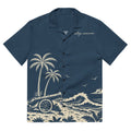 Cannon Coast Beach Button-Up — Navy / Cream — full front with approved reconstructed coastal scene and chest signature; plain sleeves; Printful all-over-print unisex button-up shirt Navy and cream all-over print; supplier digital mockup.