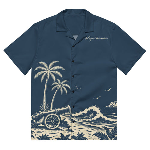 Cannon Coast Beach Button-Up — Navy / Cream — full front with approved reconstructed coastal scene and chest signature; plain sleeves; Printful all-over-print unisex button-up shirt Navy and cream all-over print; supplier digital mockup.