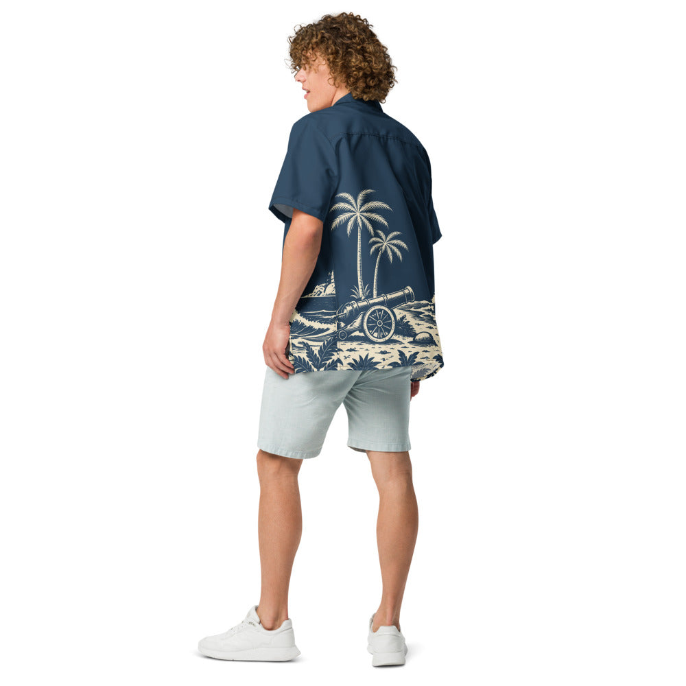 Cannon Coast Beach Button-Up — Navy / Cream — back model view; button-up shirt only; Printful all-over-print unisex button-up shirt Navy and cream all-over print; supplier digital mockup.