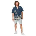 Cannon Coast Beach Button-Up — Navy / Cream — front model view; button-up shirt only; Printful all-over-print unisex button-up shirt Navy and cream all-over print; supplier digital mockup.